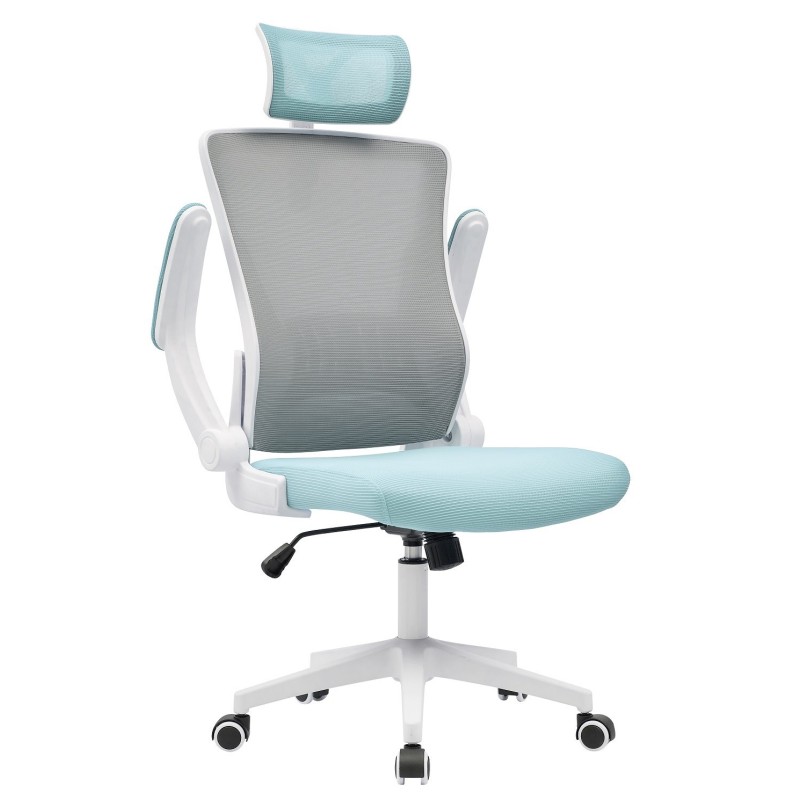Sillón de oficina LAURO, alto, blanco, malla gris, asiento azul