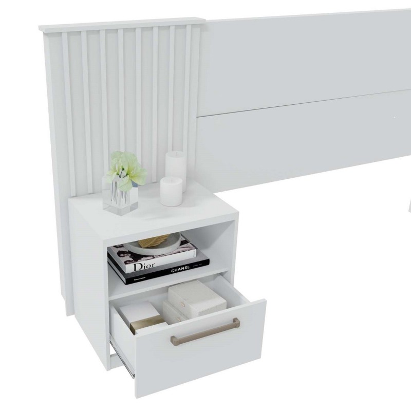 Cabecero LUCIUS, extensible, 2 mesillas de noche, MDP blanco mate