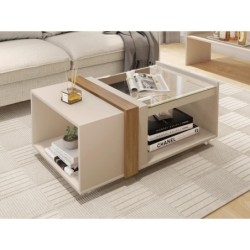 Mesa FRANCIA, baja, cristal, MDP blanco roto y miel, 90,5 x 54 cms 2