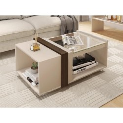 Mesa FRANCIA, baja, cristal, MDP blanco roto y nogal, 90,5 x 54 cms 2