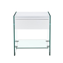 Mesa DARLING, cristal templado, cajón blanco, 45 x 45 cms 2