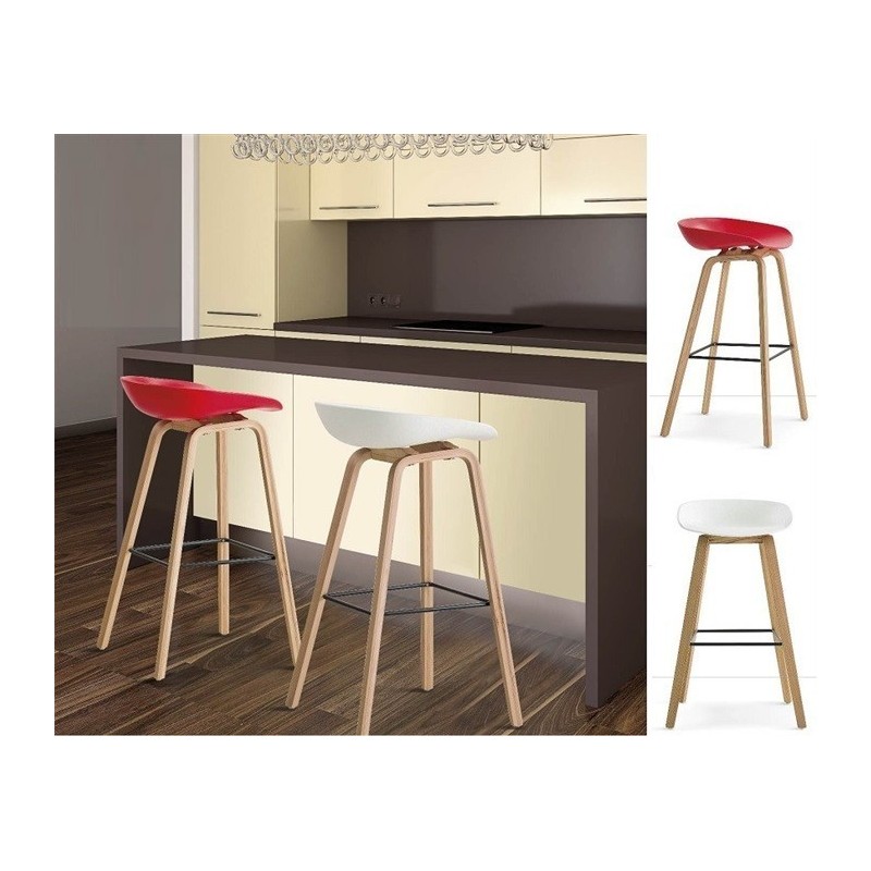 Taburete AWAK (TO), madera curvada, asiento polipropileno blanco