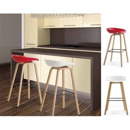 Taburete AWAK (TO), madera curvada, asiento polipropileno blanco