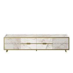 Mueble de TV ELOISE, biIaminado mármol blanco con detalles dorados, 180 cms. 2