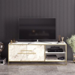 Mueble de TV SIENA, biIaminado mármol blanco con metal dorado, 160 cms. 2