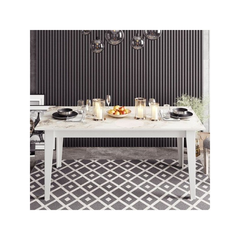 Mesa de comedor SIENA, biIaminado mármol blanco, 180 x 90 cms.