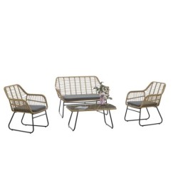 Sofá KROYA, metal, ratán beige, cojín negro 2