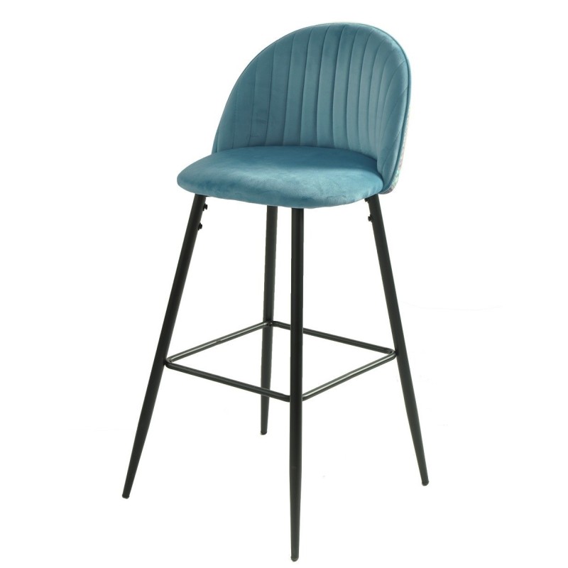 Taburete PALM SKY BLUE, metal, tapizado velvet azul con trasera palm