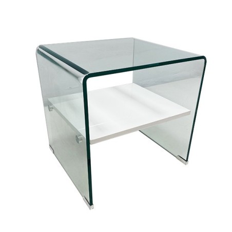 Mesa CORIN, cristal curvado, estante blanco 50x45 cms