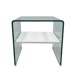 Mesa CORIN, cristal curvado, estante blanco 50x45 cms 2