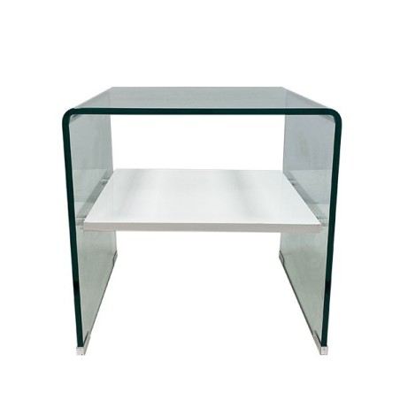 Mesa CORIN, cristal curvado, estante blanco 50x45 cms