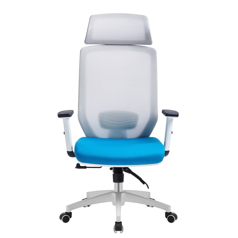 Sillón de oficina CLAYTON, blanco, malla gris, tejido azul claro
